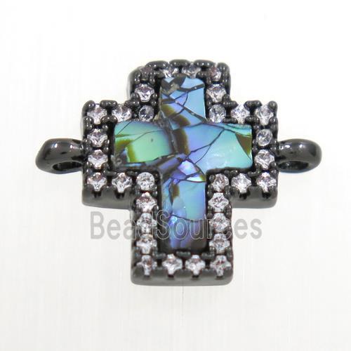 copper cross connector paved zircon with abalone shell, black plated