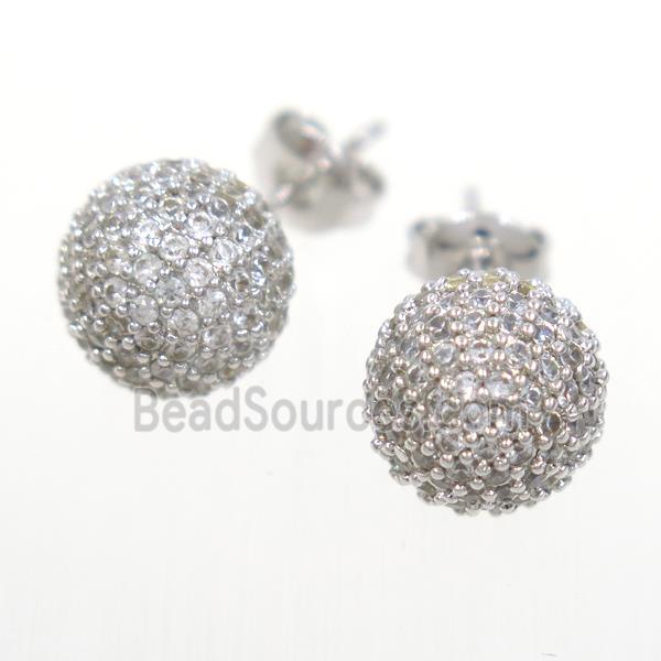 copper earring studs paved zircon, round, platinum plated