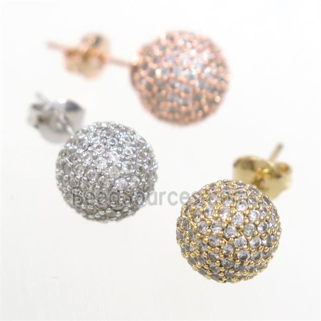 copper earring studs paved zircon, round, mix color