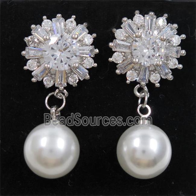 copper earring paved zircon with pearl shell, platinum plated