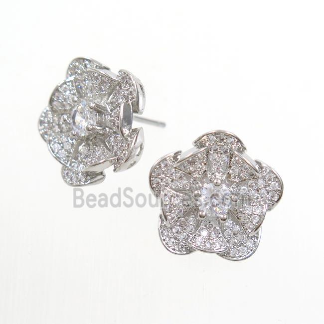 copper flower Earring studs paved zircon, platinum plated