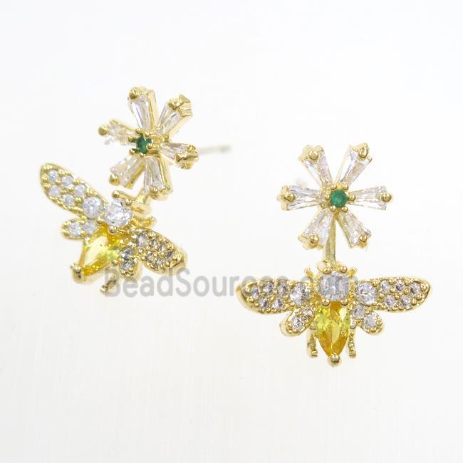 copper honeybee Earring studs paved zircon, gold plated