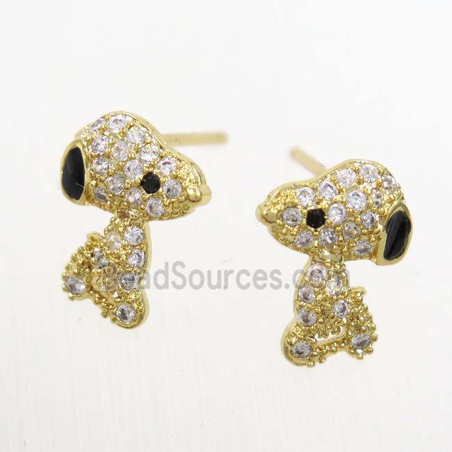 copper dog Earring studs paved zircon, gold plated