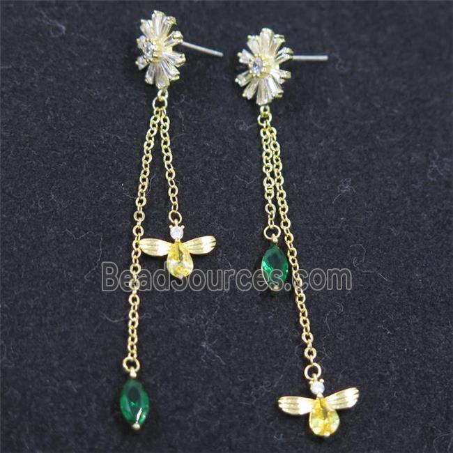 copper earring paved zircon, gold plated