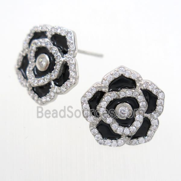 copper flower Earring studs paved zircon, enamel, platinum plated