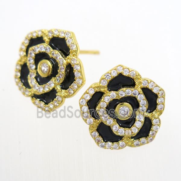 copper flower Earring studs paved zircon, enamel, gold plated