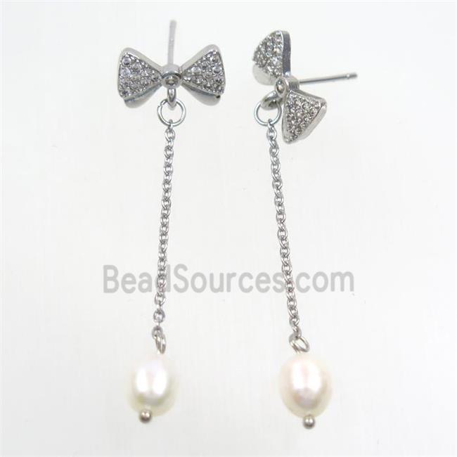 copper butterfly Earring paved zircon with white pearl, platinum plated