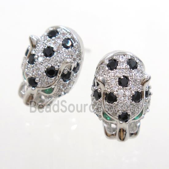 copper leopardhead earring studs paved zircon, platinum plated