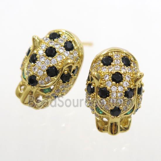 copper leopardhead earring studs paved zircon, gold plated