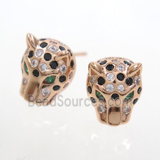 copper leopardhead earring studs paved zircon, rose gold