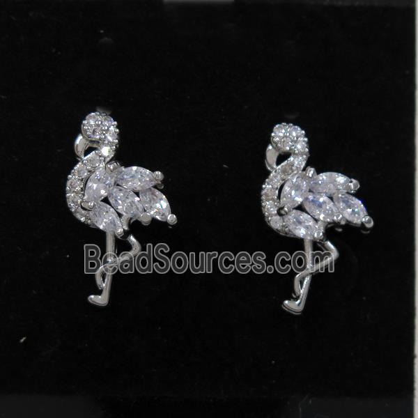 copper crane earring studs paved zircon, platinum plated