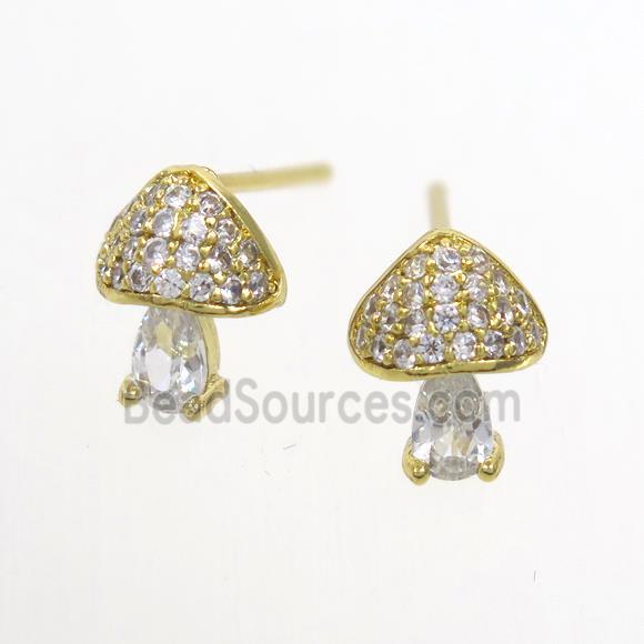 Copper Mushroom Stud Earring Pave Zircon Gold Plated