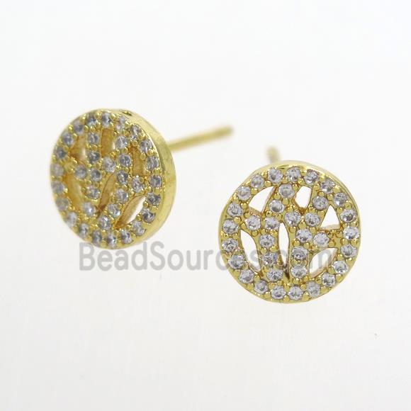 copper earring stud paved zircon, gold plated