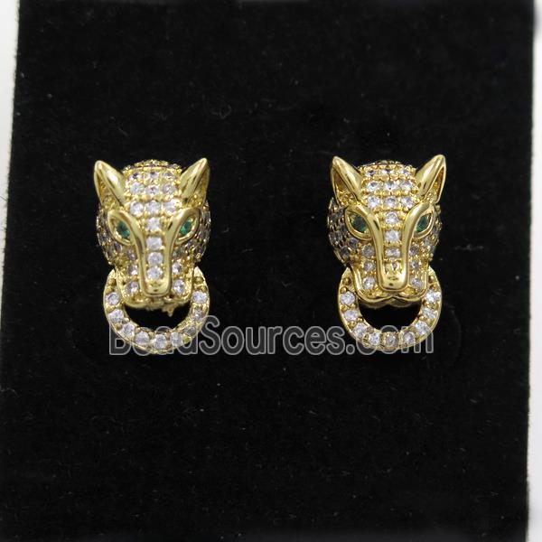 copper wolfhead earring stud paved zircon, gold plated