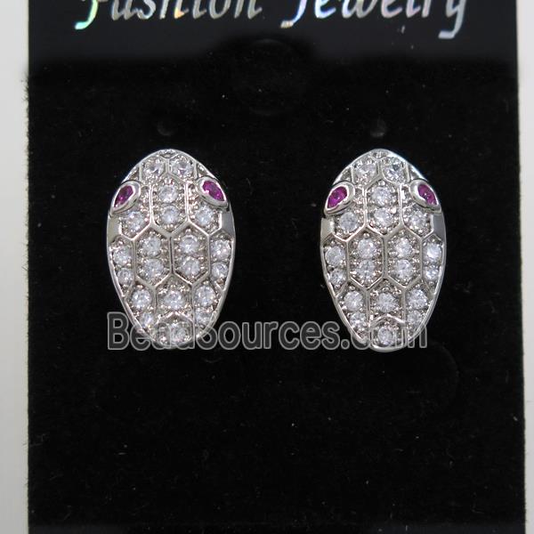 copper snakehead earring studs paved zircon, platinum plated