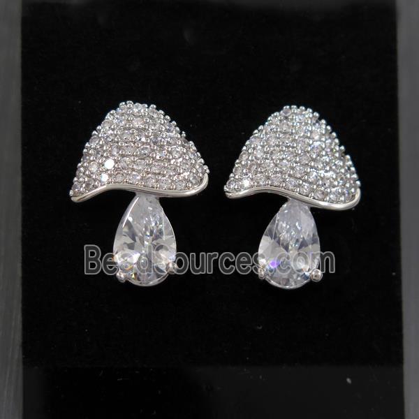 Copper Mushroom Stud Earring Pave Zircon Platinum Plated