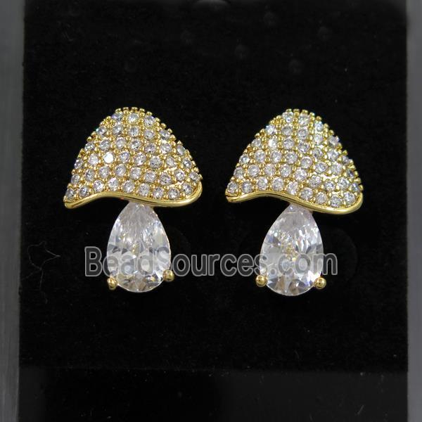 Copper Mushroom Stud Earring Pave Zircon Gold Plated