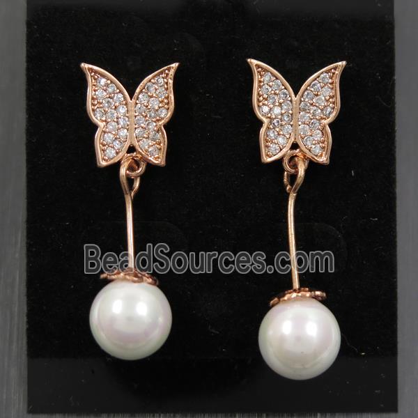 copper butterfly earring paved zircon with pearlized shell, rose gold