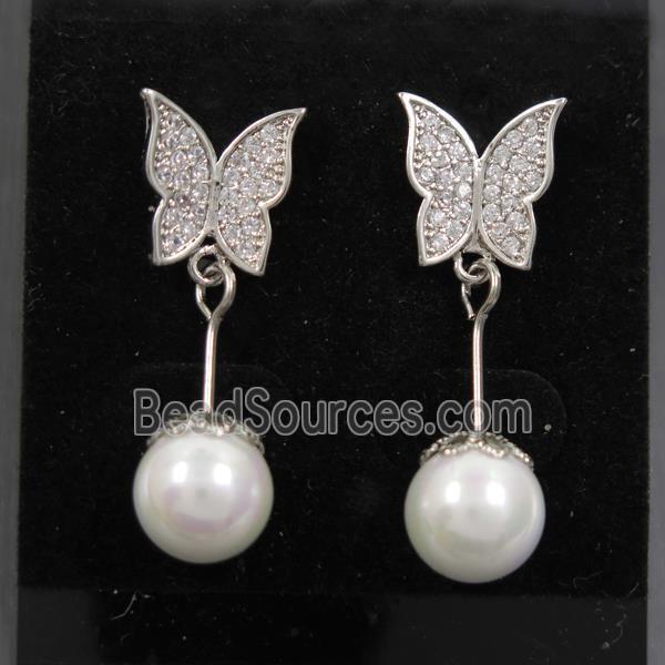 copper butterfly earring paved zircon with pearlized shell, platinum plated