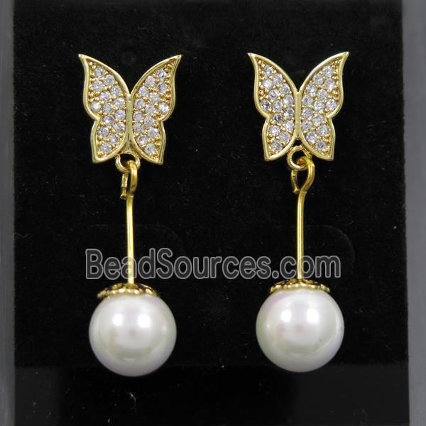 copper butterfly earring paved zircon with pearlized shell, gold plated