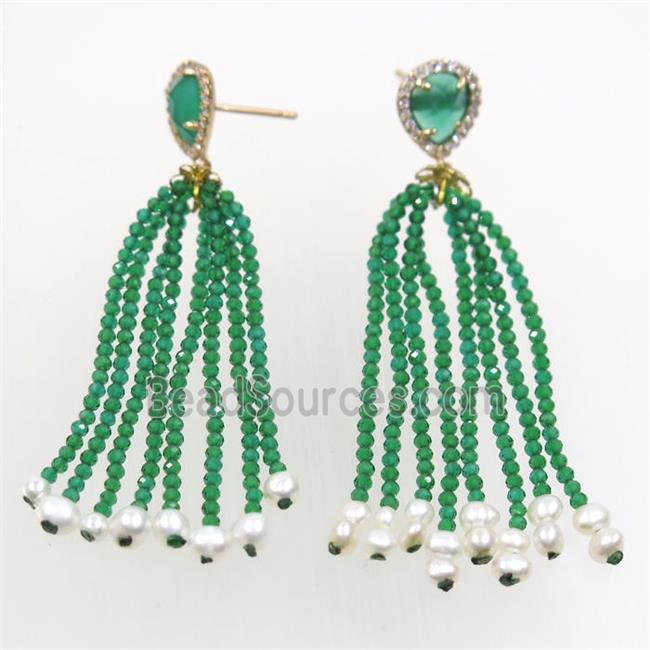 copper earring paved zircon with green crystal glass tassel