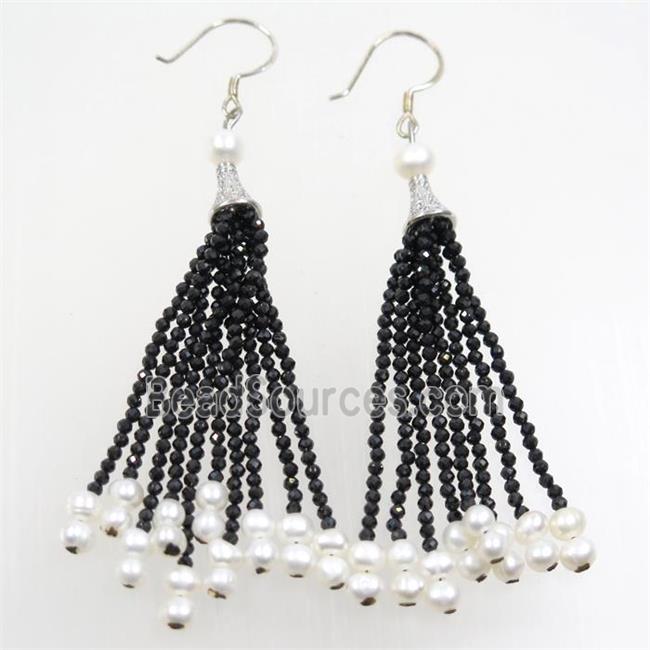 copper earring paved zircon with black crystal glass tassel