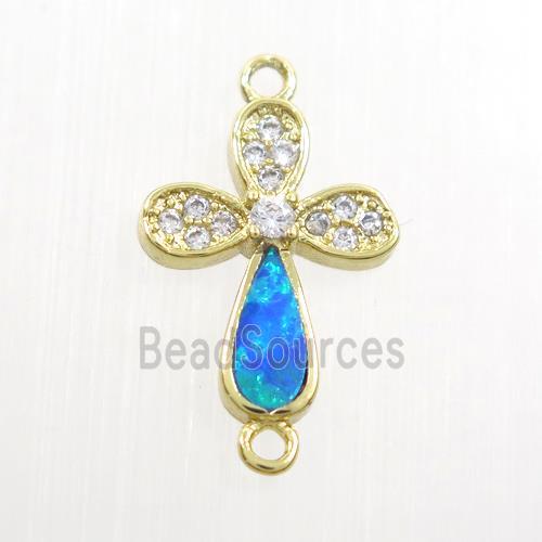 copper cross connector paved zircon with fired opal, gold plated