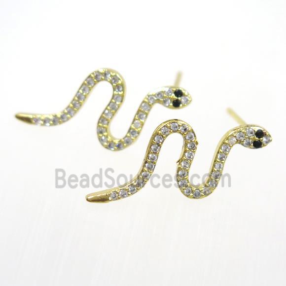 copper snake earring paved zircon, gold plated