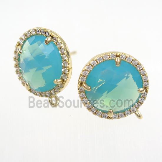 copper earring paved zircon with blue glass opalite