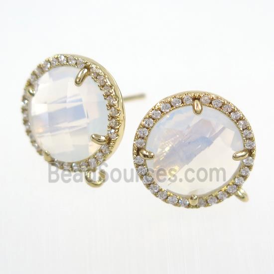 copper earring paved zircon with white glass opalite