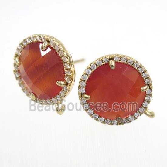 copper earring paved zircon with red glass crystal