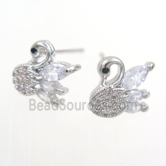 copper swan earring studs paved zircon, platinum plated