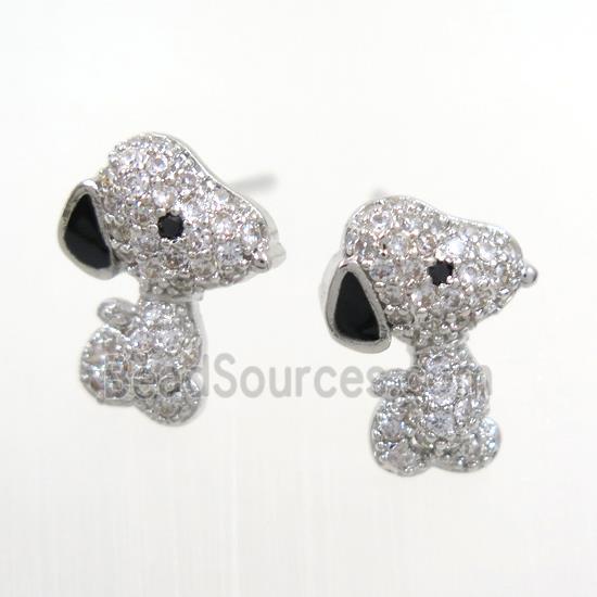 copper dog earring studs paved zircon, platinum plated