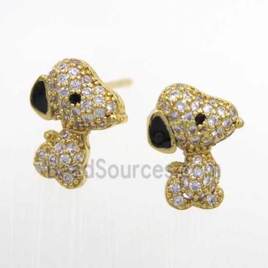 copper dog earring studs paved zircon, gold plated