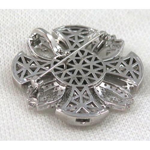 copper brooch paved zircon, platinum plated