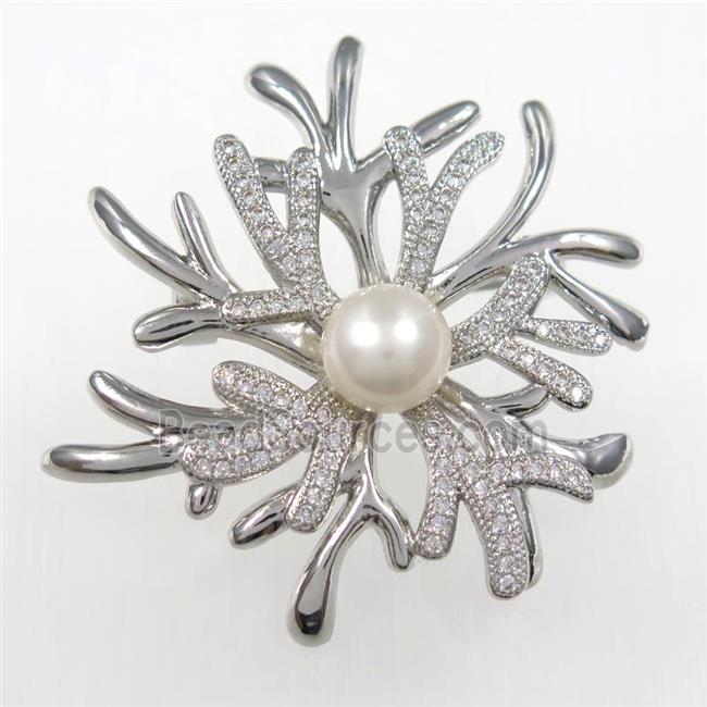 copper brooch paved zircon with pearl, platinum plated