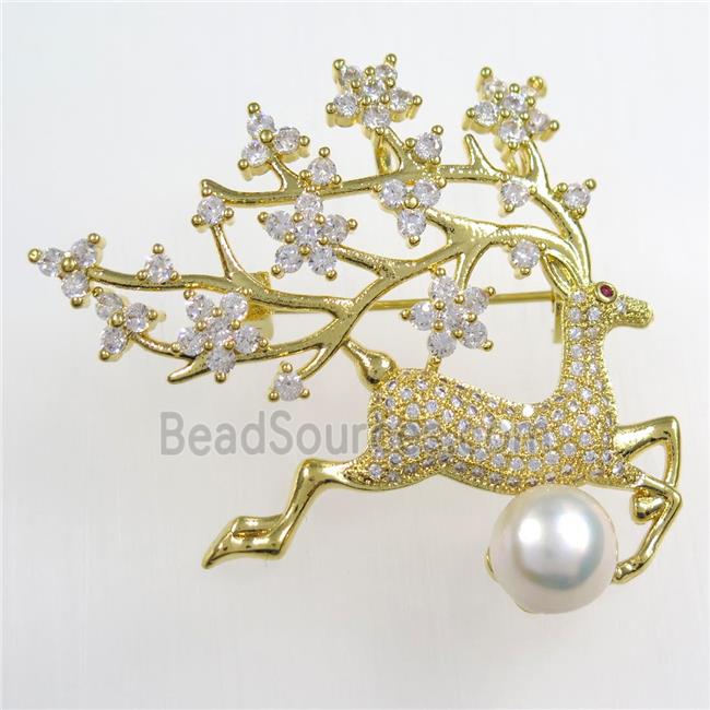 Christmas Reindeer copper brooch paved zircon with pearl, gold plated