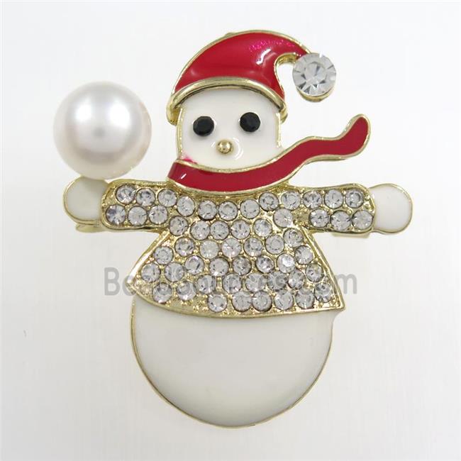 Snowman copper brooch paved zircon, Enamel, gold plated