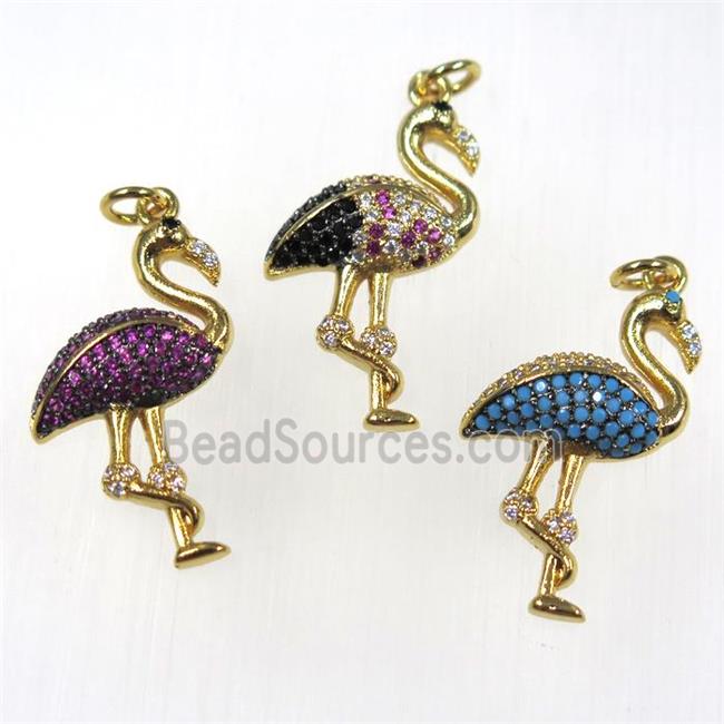 copper crane pendants paved zircon, gold plated, mixed