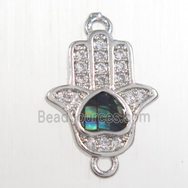 copper hamsahand connector paved zircon with abalone shell, platinum plated