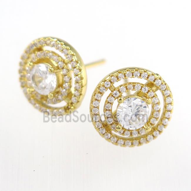 copper earring studs paved zircon, gold plated