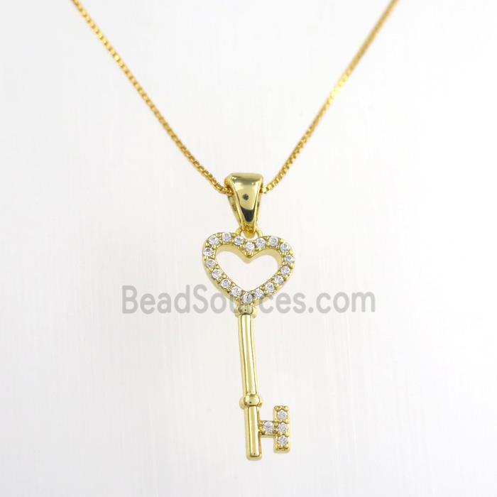copper necklace paved zircon, key, gold plated