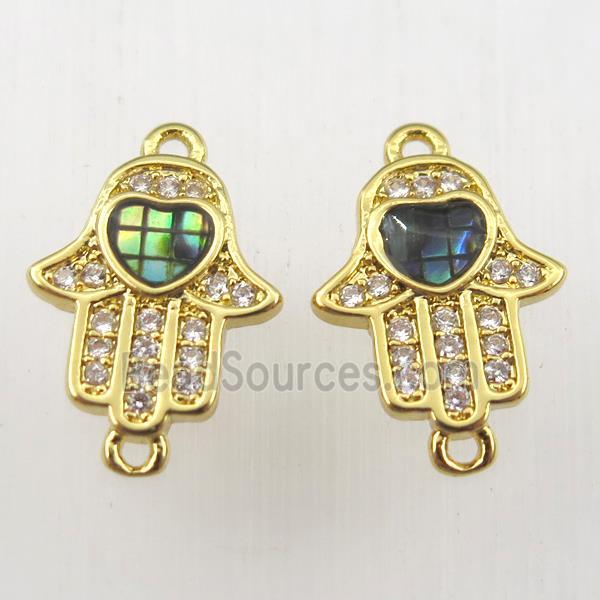 copper hamsahand connector paved zircon with abalone shell, gold plated