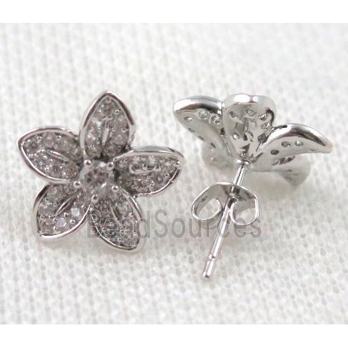 copper flower earring paved zircon, platinum plated