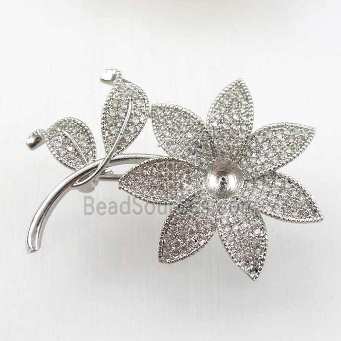 copper flower brooch paved zircon, platinum plated