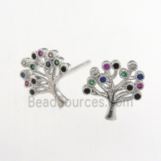 copper earring studs paved zircon, tree of life, platinum plated