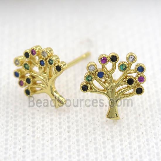 copper earring studs paved zircon, tree of life, gold plated