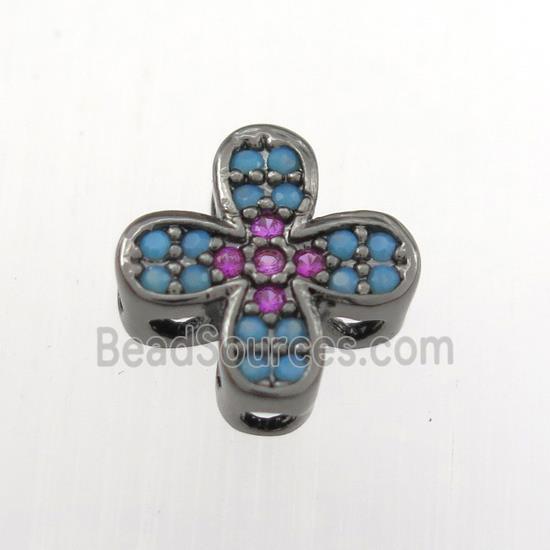 copper cross beads paved zircon, turq, black plated