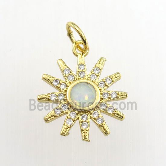 copper sun pendant paved zircon with fire opal, gold plated