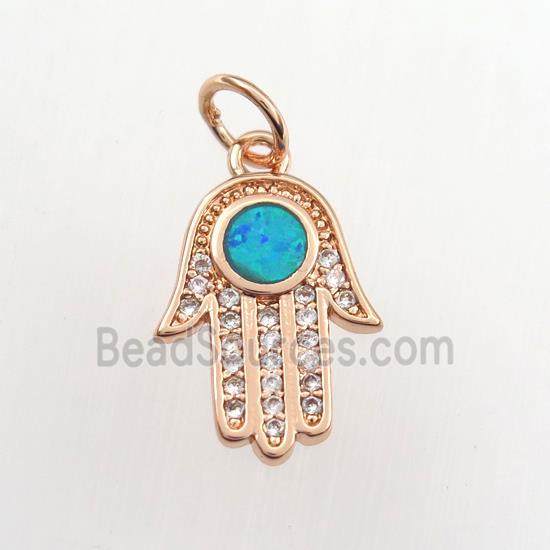 copper hamsahand pendant paved zircon with fire opal, rose gold